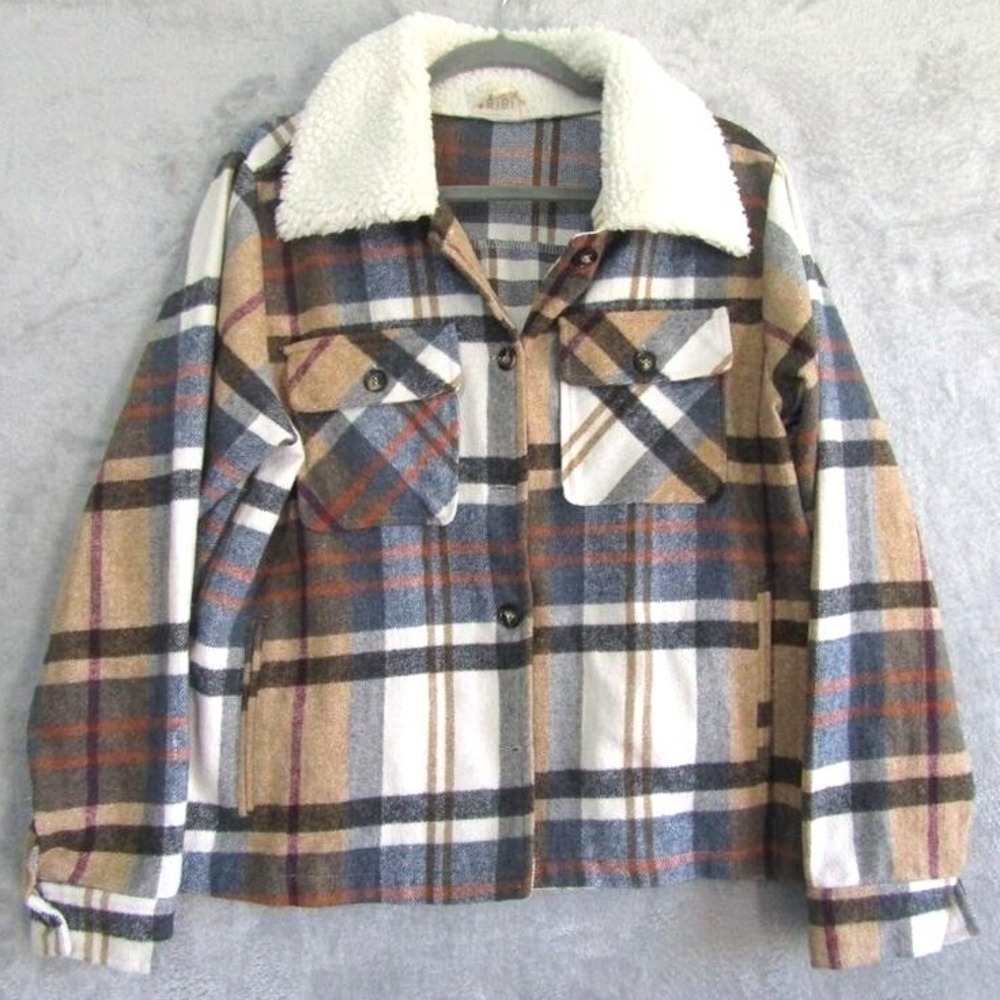 BiBi Women's XL Sherpa Lined Plaid Shacket Fleece Collar Button Front Jacket Fal
